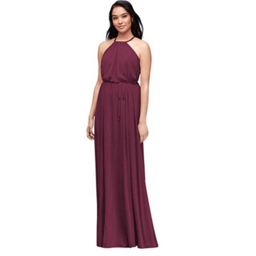 David's Bridal Women Dress Sz 8 Wine F19533 Halter Bridesmaid Prom Formal